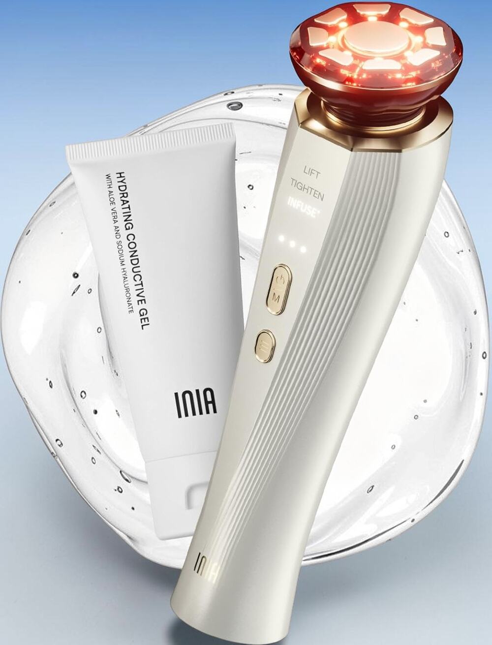 INIA FLARE 3-in-1 Microcurrent Red Light Facial Device White + Gel New